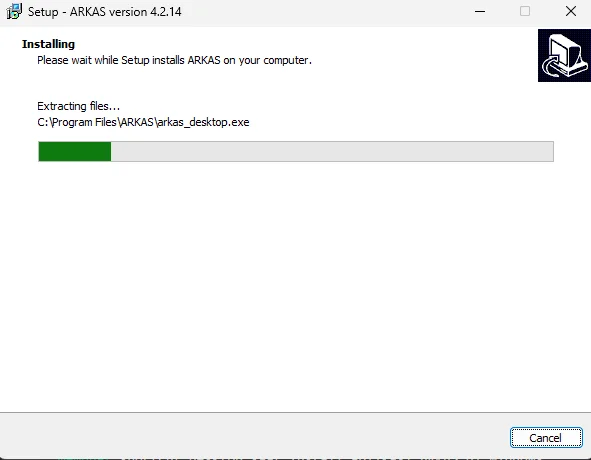Proses instalasi aplikasi ARKAS sedang berjalan di Windows