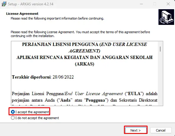 Menyetujui perjanjian lisensi saat install aplikasi ARKAS di Windows