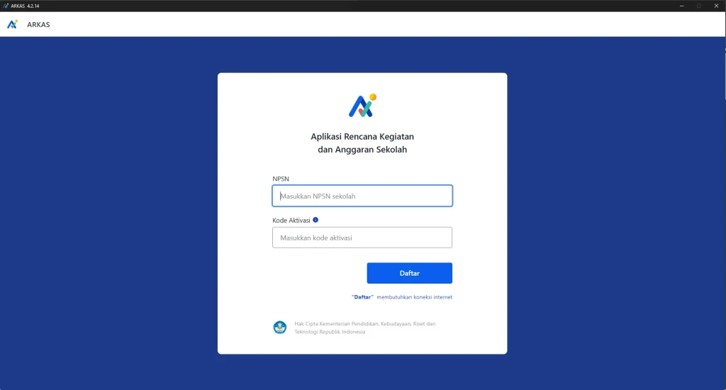 tampilan halaman masuk aplikasi arkas